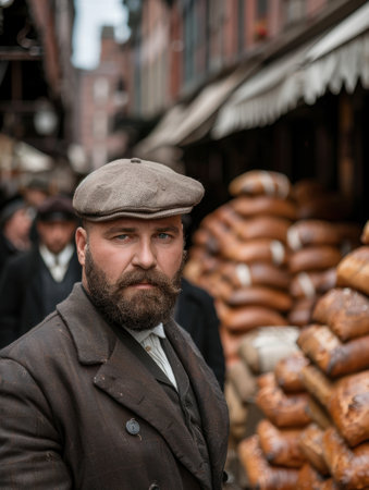 Bearded man in vintage attire holding breadの素材