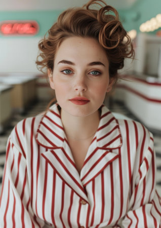 Retro styled woman with curly hair and red lipsの素材