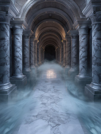 Mysterious Marble Hallway with Ethereal Mistの素材