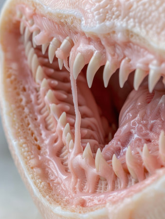 Extreme close-up of a ferocious animal's mouth with sharp teethの素材