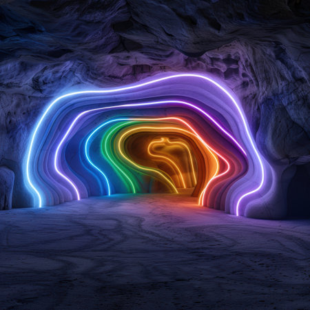Colorful neon lights in a caveの素材