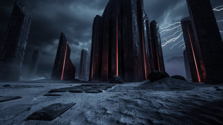 Futuristic sci-fi landscape with towering structures and dramatic lightingの素材