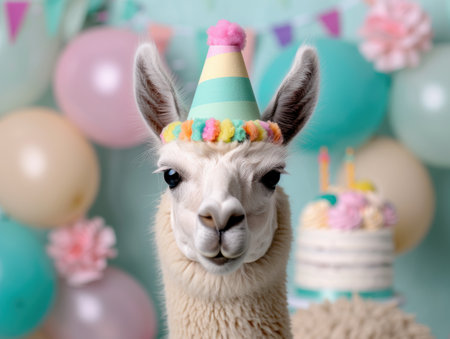 Cute llama wearing a colorful party hatの素材