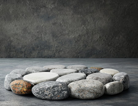 Smooth gray pebbles on a dark surfaceの素材