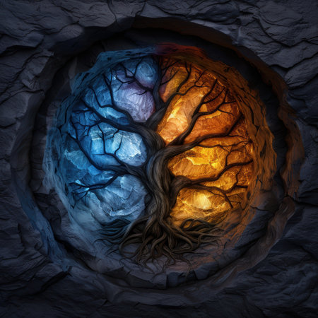 Surreal tree of life in dark caveの素材