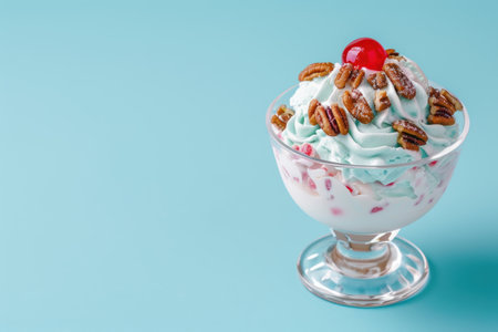Delicious ice cream sundae with whipped cream and pecansの素材
