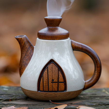 Artistic ceramic teapot with intricate designの素材