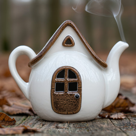 Cozy ceramic teapot with whimsical cottage designの素材