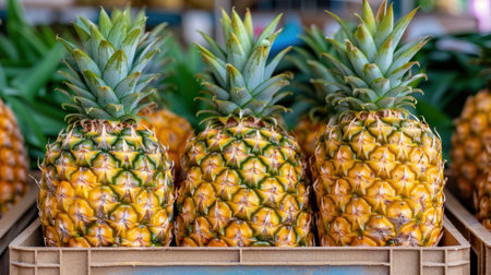 Fresh pineapples in a wooden crateの素材