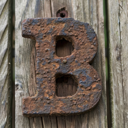 Rusty metal letter B on weathered wooden backgroundの素材