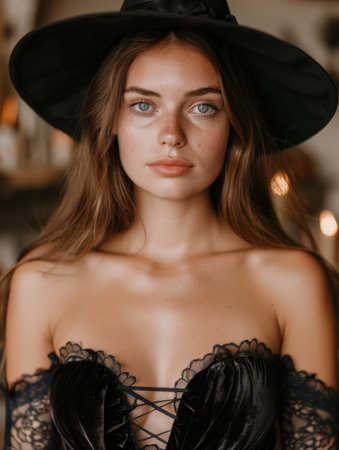 Mysterious woman in black lace dress and hatの素材