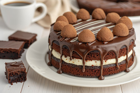 Decadent chocolate cake with creamy filling and drizzled chocolate toppingの素材