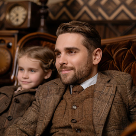 Stylish father and son in vintage clothingの素材