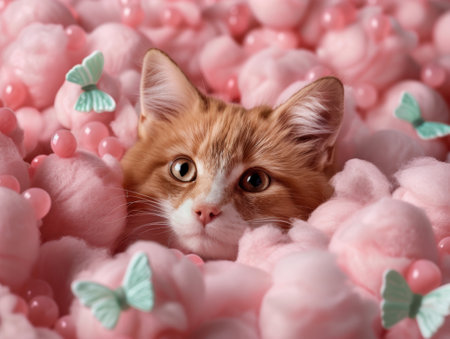 Adorable cat peeking through pink flowersの素材