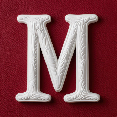 Decorative white letter M on red backgroundの素材
