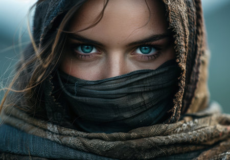 Mysterious woman with piercing blue eyesの素材