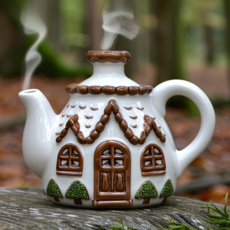 Decorative ceramic teapot with whimsical cottage designの素材