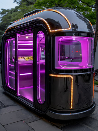 Futuristic food storage unit with vibrant purple lightingの素材