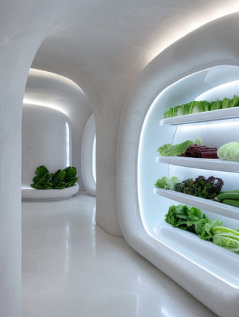 modern refrigerator filled with fresh produceの素材