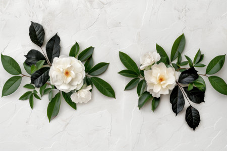 Elegant white flowers with green leaves on marble backgroundの素材