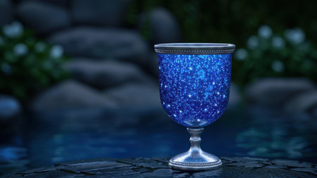 Sparkling blue glass goblet on dark backgroundの素材