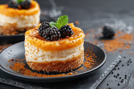 Delicious dessert with blackberries and creamの素材