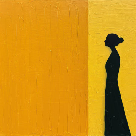 Silhouette of a woman against a vibrant yellow backgroundの素材