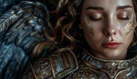 Serene woman with golden makeup and feathersの素材