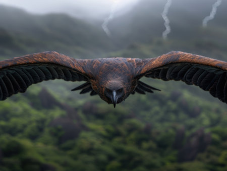 Majestic bird of prey soaring through the misty mountainsの素材