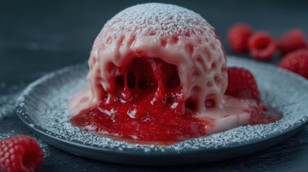 Delicious frozen dessert with fresh raspberriesの素材
