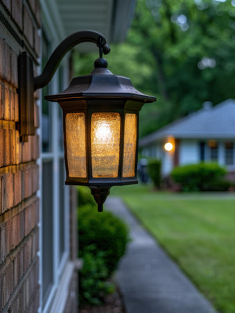 Cozy outdoor lighting fixture on brick wallの素材