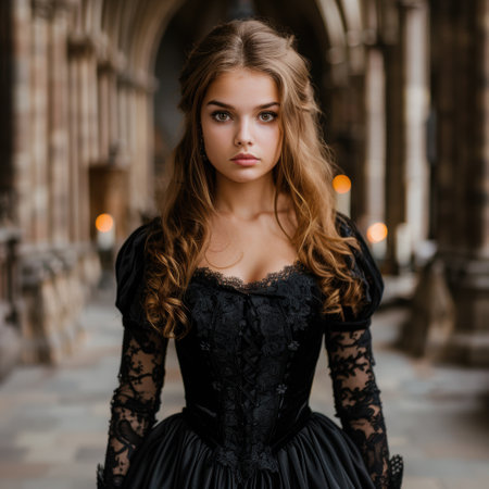 Elegant woman in black lace dressの素材