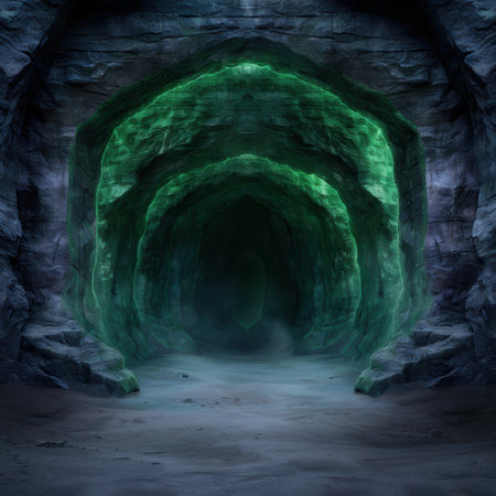 Mysterious glowing green cave tunnelの素材