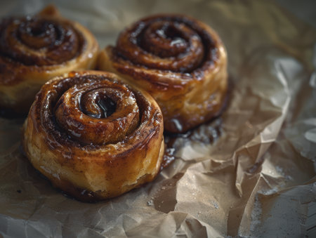 Delicious homemade cinnamon rolls with caramelized glazeの素材