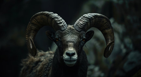 Powerful ram with large horns in dark forestの素材