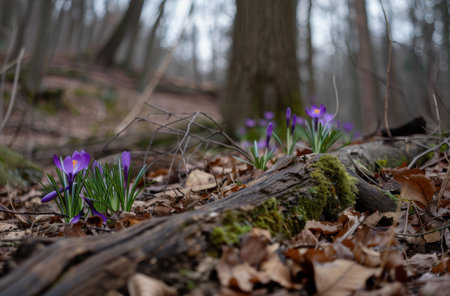 vibrant purple crocus flowers blooming in forestの素材