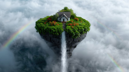 Enchanting floating island with waterfall and rainbowの素材