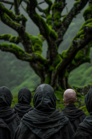 Mysterious figures in dark cloaks in a lush, green forestの素材