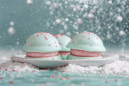 Delicious mint chocolate chip macarons in the snowの素材