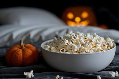 Cozy autumn evening with popcorn and pumpkinの素材