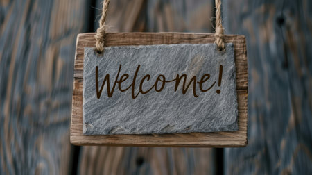 Rustic welcome sign hanging on wooden boardsの素材