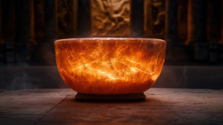 Glowing Himalayan salt lamp on wooden tableの素材