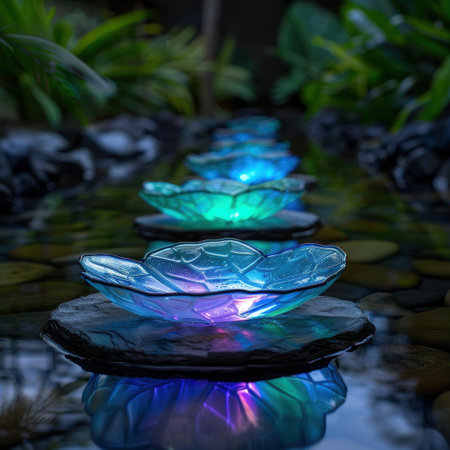 Glowing crystal lotus flower fountain in tropical gardenの素材