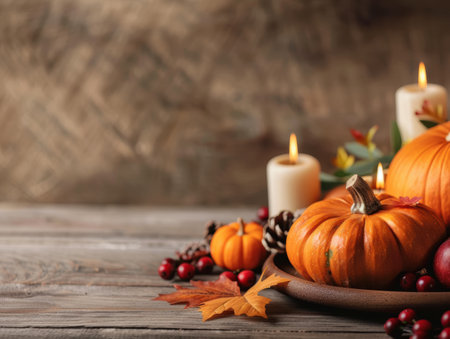 cozy autumn still life with pumpkins, candles, and fall foliageの素材