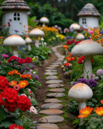 Whimsical fairy garden path with mushroom houses and vibrant flowersの素材