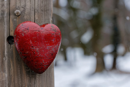 Snowy winter scene with a red heart-shaped decoration on a wooden fenceの素材