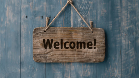 rustic wooden welcome sign hanging on blue backgroundの素材