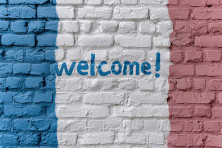 Colorful brick wall with welcoming messageの素材