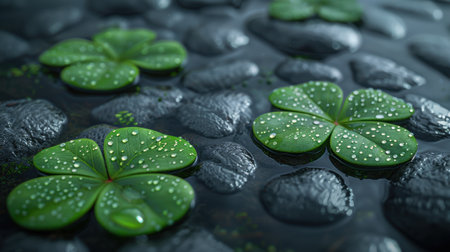 green leaves with water droplets on black stonesの素材
