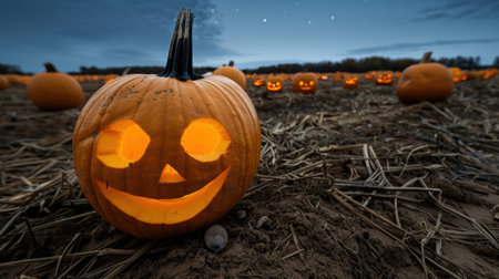 Spooky jack-o'-lantern in a pumpkin patch at nightの素材
